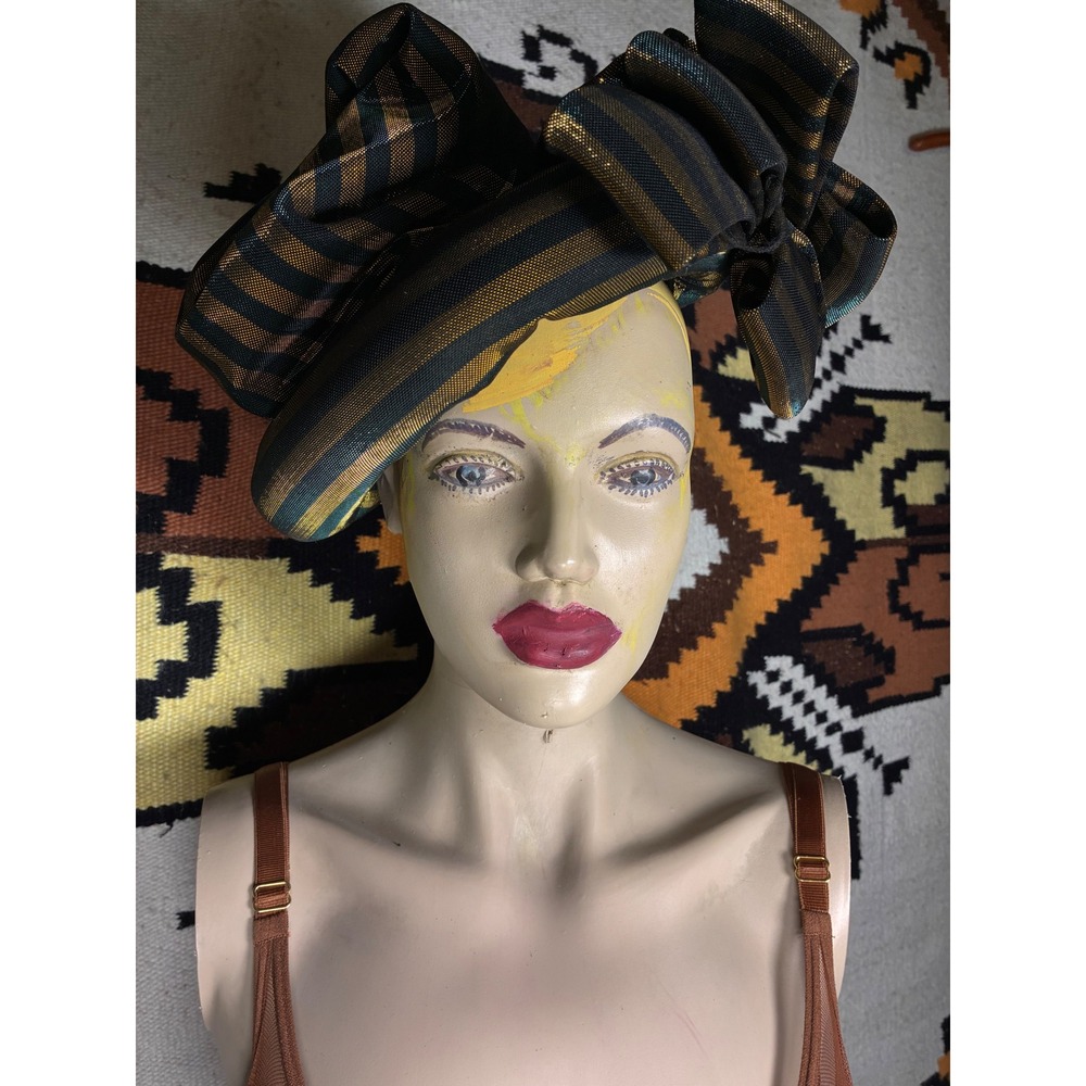 Unbranded Sculptural Bow Hat Womens OS Gold Teal Metallic Excellent Avant Garde